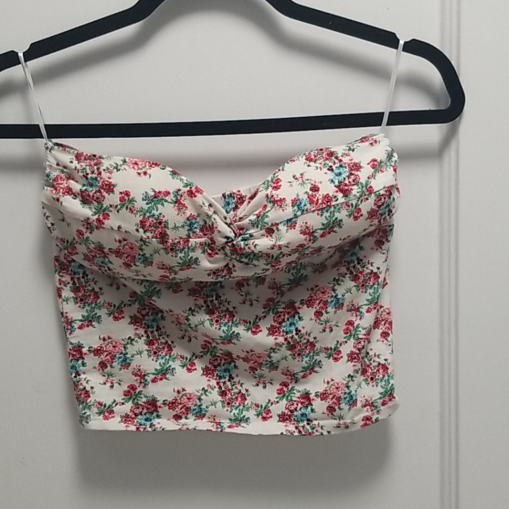 Cropped White Tube Top with Floral Print